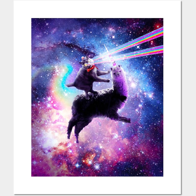 Laser Eyes Outer Space Cat Riding On Llama Unicorn Wall Art by Random Galaxy